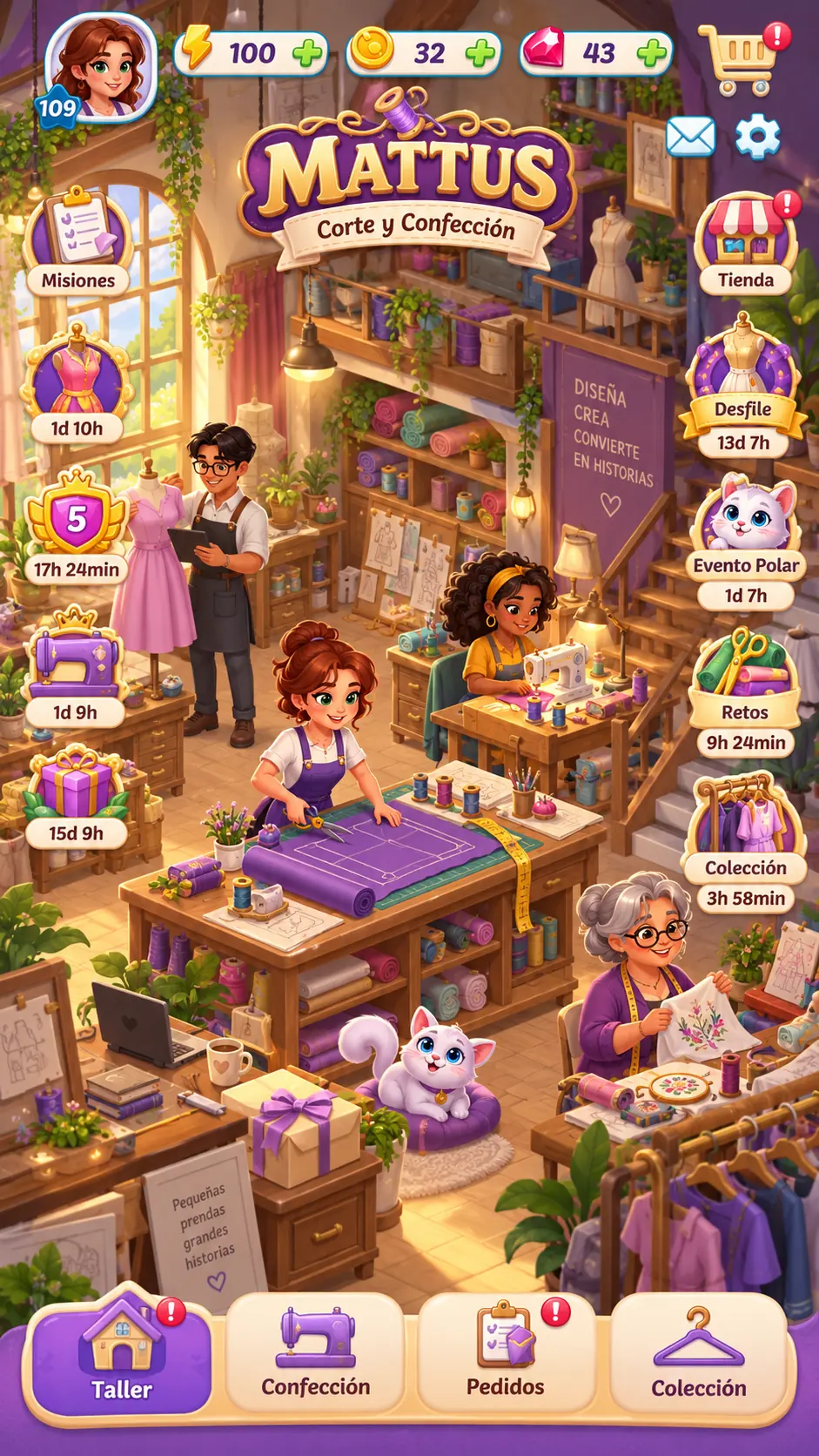 Taller TELARIA con estaciones de costura y personajes integrados